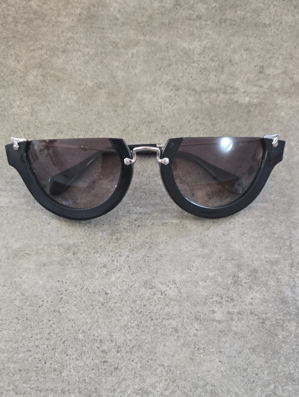 Miu Miu Womens Black Semi-Rim Sunglasses with Silver Accents